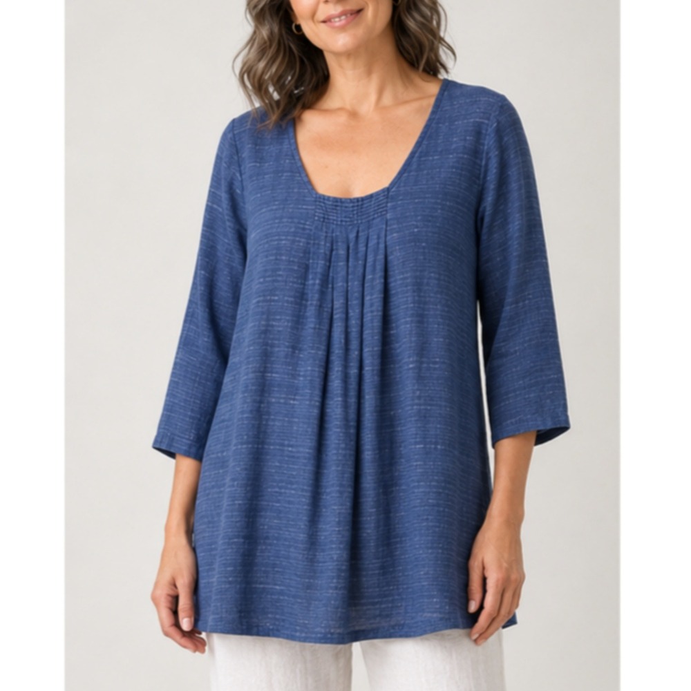 Eileen Fisher Blue Linen Blend Tunic Top Square U Neck Pleated Women's Size L